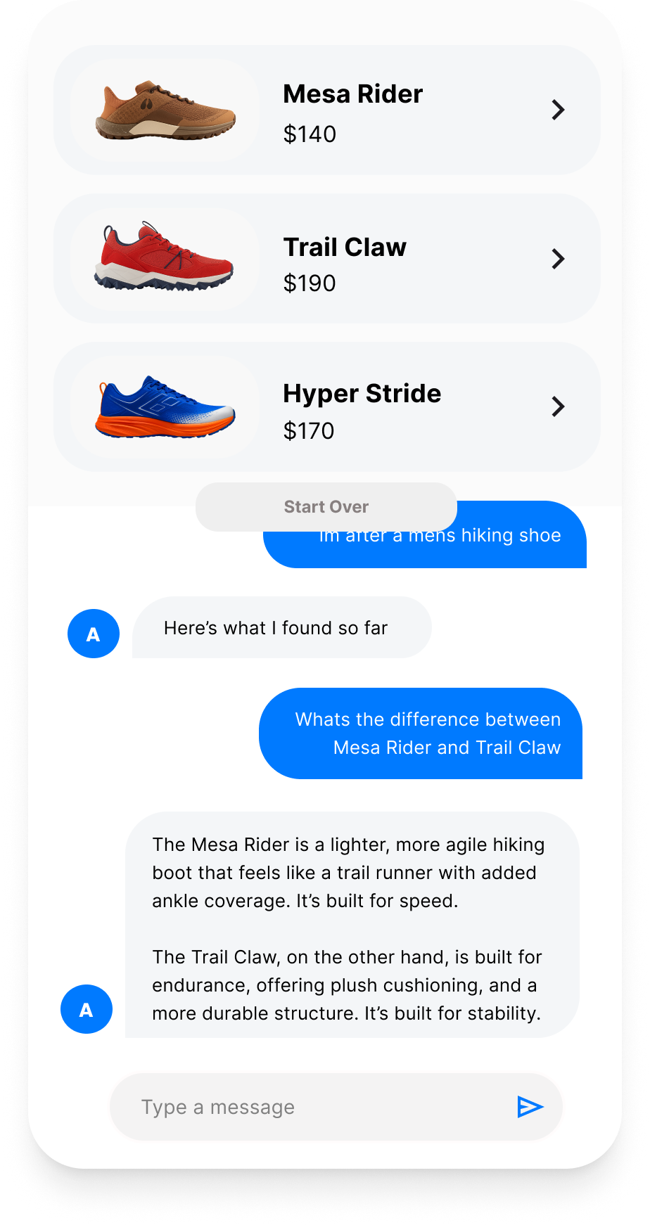 StrutFit Find - ranked product matches in chat